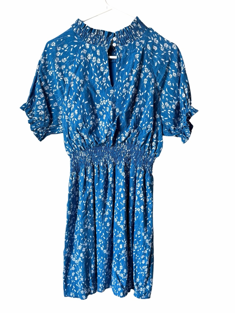 Hayden Los Angeles Linen Blend Floral Smocked Mini Dress Large Blue Puff Sleeve - Picture 4 of 8